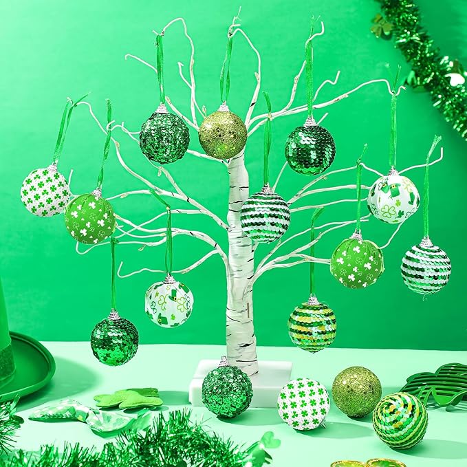 Zeyune 16 Pcs St Patricks Day Tree Decoration 2 Inch St. Patrick's Day Shamrock Ornament Irish Hanging Sequin Ball Home Ornament for Tree Glitter Luck Clover Ball for Party Decor