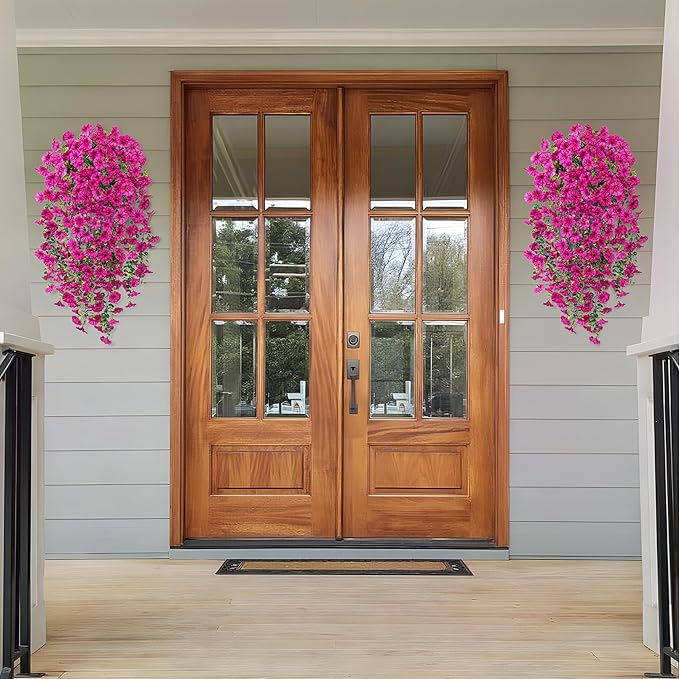 Artificial Hanging Flowers for Outdoor, 2pcs Fake Plants Long Vine Morning Glory Eucalyptus, UV Resistant Realistic Faux Greenery Indoor Outside Patio Porch Garden Spring Summer Decor, Light Purple