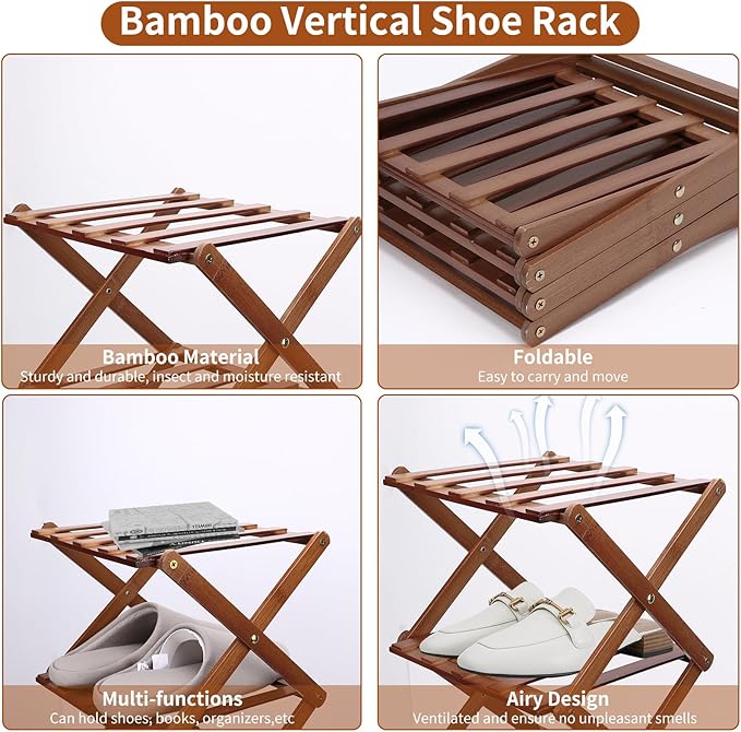 Shoe Rack Foldable, Portable Shoes Organizer Standing Shelf, Multifunctional Vertical Narrow Shoe Rack for Entryway, Closet, Bedroom and Hallway(Dark Brown, 4 Layers)