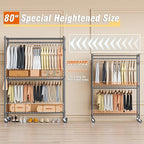 Homdox Heavy Duty Rolling Clothing Rack, Adjustable Garment Rack with 3 Tier Storage Shelves, Freestanding Closet Wardrobe for Hanging Clothes with Side Hooks, Gray