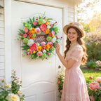 Spring Wreath for Front Door, 24 Inch Artificial Spring and Summer Wreath with Peony, Rose, Orchid, Hydrangea and Gardenia Flowers, Peach, Berries and Hello Wooden Sign, Decor for Indoor Outdoor
