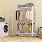 Homdox 3 Tier Garment Rack with Wheels, Portable Closets for Hanging Clothes Heavy Duty, Closet Racks and Shelving with Double Hanger Rods & Side Hooks, White