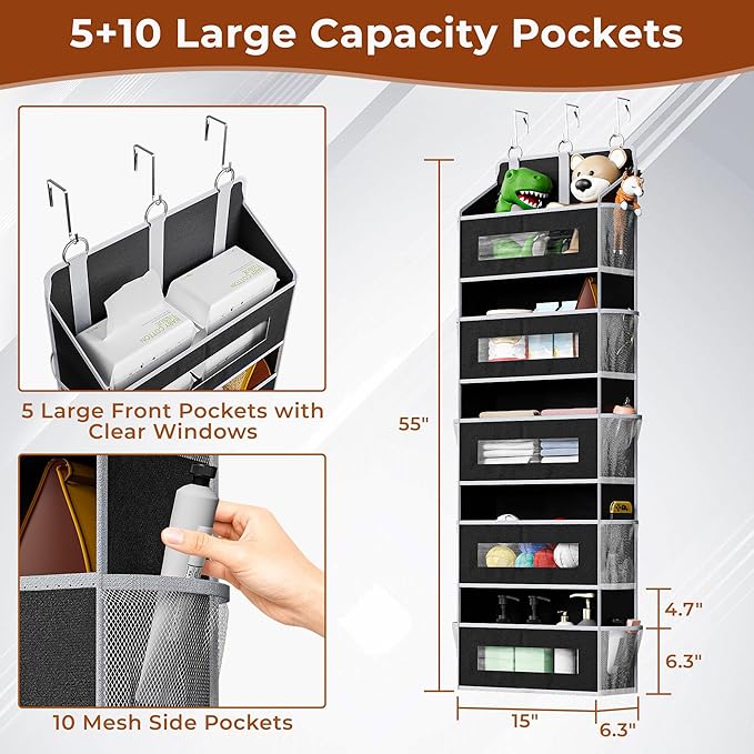 2 Packs 5-Tier Over the Door Storage Organizer with 10 Side Mesh Pockets, 48 lbs Load Capacity, 3 Hooks Design, Hanging Organizer with Clear Windows for Bathroom, Bedroom, Nursery, Kitchen-Black