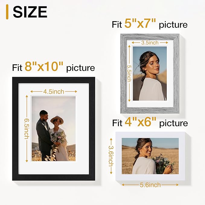 Vittanly Picture Frames Set of 10, Picture Frames Collage Wall Decor with Two 8x10, Four 5x7, and Four 4x6 Photo Frames, Gallery Wall Frame Set for Wall or Tabletop Display, Black, Grey and White