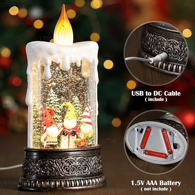 Christmas Snow Globe Gnome Snow Globe Lantern, Light Up Christmas Decorations for Home Musical Lantern Candle Shaped with Timer, Home Decor Festival Gife, USB & Battery Operated 10 Inch