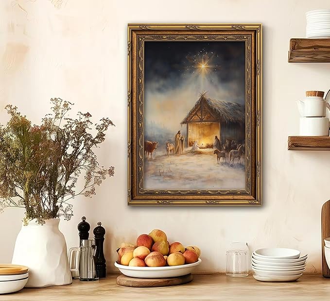Vintage Nativity Scene Gold Framed Wall Art Birth of Jesus Christmas Christian Painting Canvas Prints Mary Joseph Holy Family Picture Star of Bethlehem Poster Artwork for Church Prayer Room, 12x16in