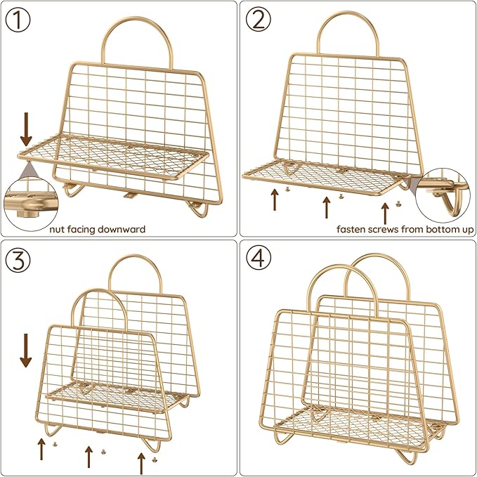 Gold Magazine Holder,Modern Magazine Rack Floor,Metal Wire Magazine Basket,Handbag Design Magazine Storage Organizer for Magazines File Book Newspaper Vinyl Record Albums