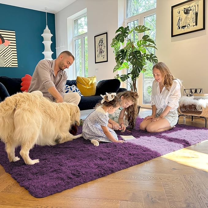 OLANLY 9x12 Machine Washable Large Area Rugs for Living Room, Bedroom, Soft Fluffy Shaggy Bedside Rug, Indoor Floor Carpet for Kids Girls and Boys, Dorms, Nursery, Home Decor Aesthetic, Dark Purple