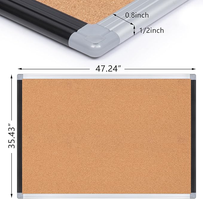 Large Cork Bulletin Board 36" x 48", Black/Sliver Aluminium Framed Corkboard, 4 x 3 Office Board for Wall Decor, Wall Mounted Notice Pin Board with 18 Push Pins for School, Home & Office
