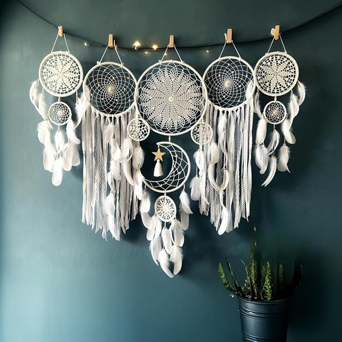 Dream Catcher Wall Decor,Large Boho Dream Catcher with Luxurious Feathers & Beads, Handmade Wall Hanging for Bedroom,Living Room, Gift Ready for Girls & Adults (White)