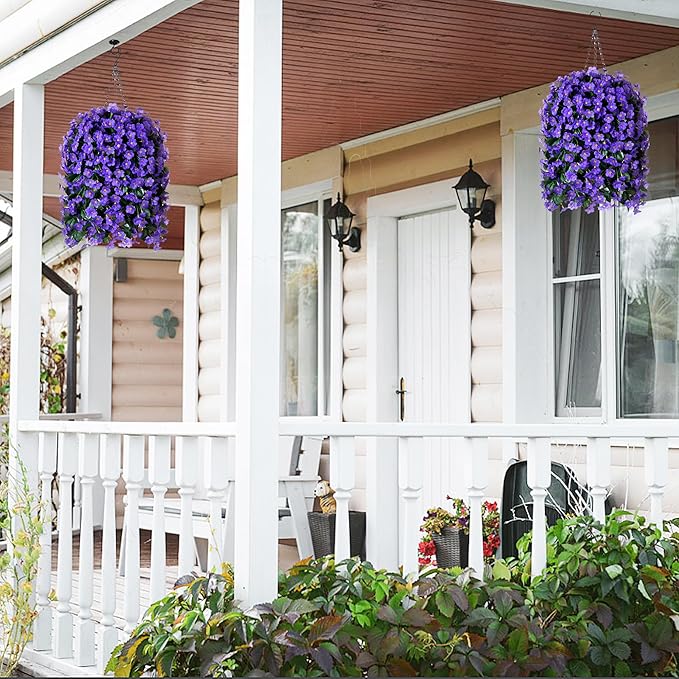 HyeFlora Artificial Faux Hanging Flowers for Outdoor Outside Spring Decoration, 2PCS Fake Silk Purple Daisy Plants UV Resistant Look Real Orchid Mums Vine for Front Door Porch Planter Balcony