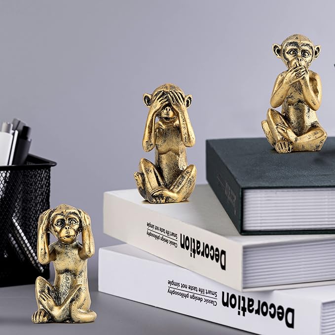 Leekung 3 Wise Monkeys Statue for Home Decor Accents,Hear no Evil See no Evil Speak no Evil Figurine for Living Room Boho Desk Gold Modern Table Decor,Monkey Gift Shelf Decor Accents Antique Bronze