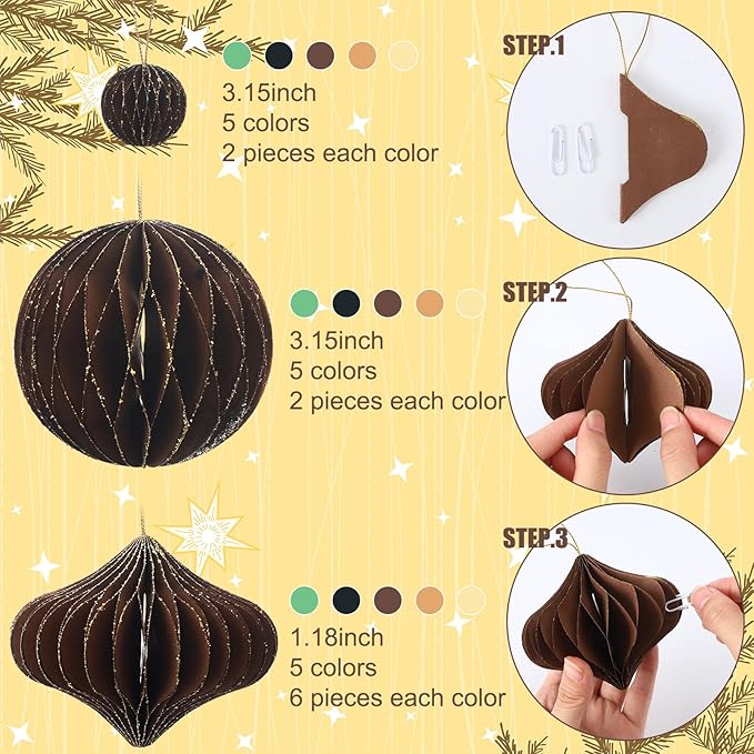 TecUnite 50 Pcs Christmas Paper Honeycomb Ornaments for Tree Vintage 3D Mini Glitter Edge Paper Christmas Ornament Honeycomb Tree Hanging Neutral Boho Holiday Xmas Party Decoration(Neutral)