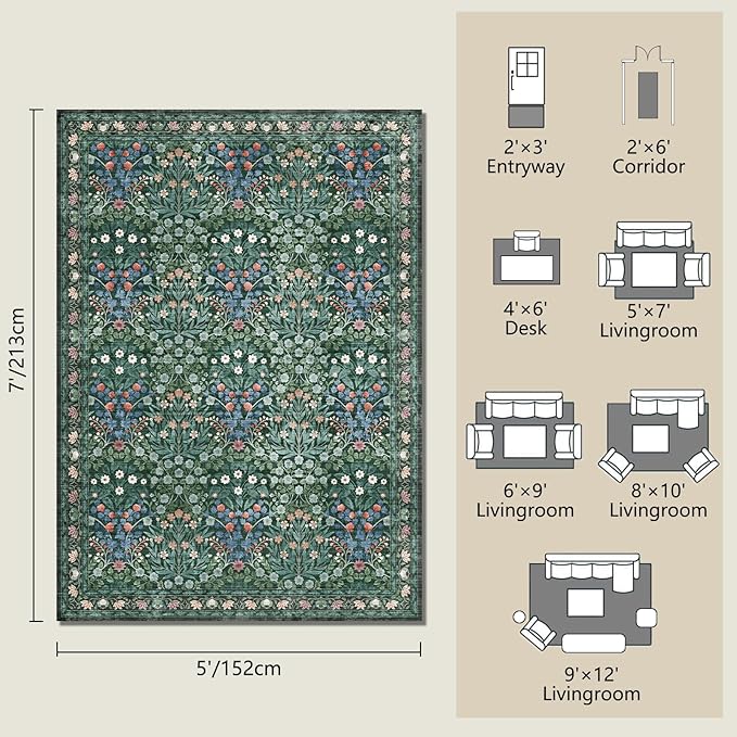 Floral Dark Green Area Rugs 5x7, Soft Washable Non-Slip Low Pile Boho Rugs for Living Room & Bedroom, Stain Resistant Forest Farmhouse Large Carpet for Dining Room & Office