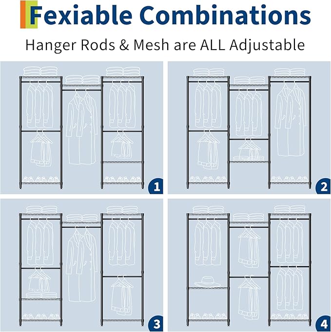 Heavy Duty Clothes Rack,Load 1433LBS Garment Rack Portable Closet,Free Standing Closet Organizers and storage with Adjustable Shelves, Hanging Rods, Dividable Black 76.5"H x 67.6"L x 15.5"W