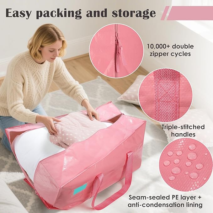 6 Pack Extra Heavy Duty Large Moving Bags with Reinforced Zipper & Wide Handles, Waterproof Storage Bins for Clothes, College Dorm, Travel, and Home Organization, Pink