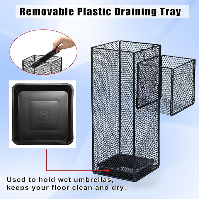 OwnMy Metal Umbrella Holder for Entryway, Indoor Umbrella Stand for Entryway with Small Basket and Draining Tray, Modern Umbrella Storage Stand Rack for Home Office Hotel Entrance, 16.5" Height