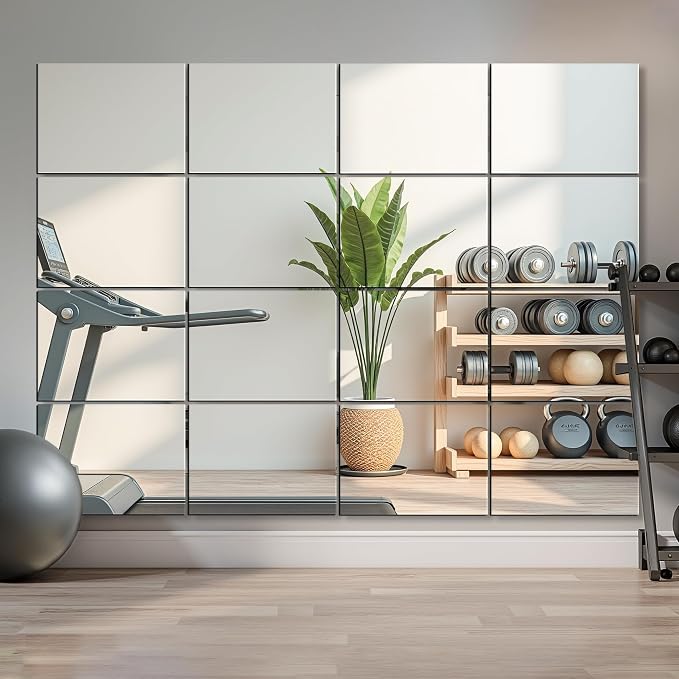 Delma Home Gym Mirror Tiles, Large Square Workout Mirrors (16x12'', 16-Piece), Full Body Wall Mirror for Garage, Bedroom, Bathroom