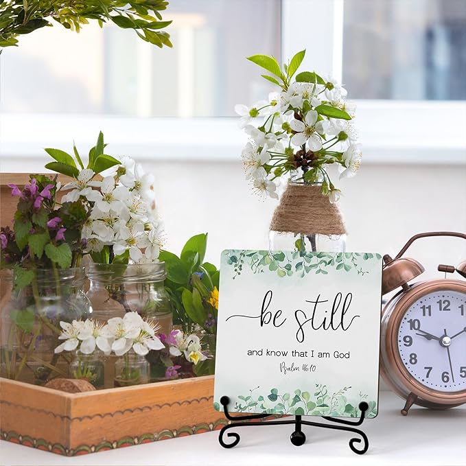 Inspirational Christian Desk Decor, Be Still And Know That I Am God Eucalyptus Sign, Desk Decorations For Office Home Living Room Bathroom, Eucalyptus Shelf Decor, Wooden Plaque With Stand (07)