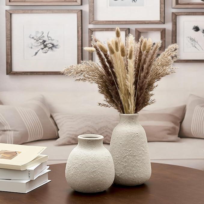 Ceramic Vase Set of 2 for Home Decor, 6.1"+8.23" Handcrafted Off-White Rustic Terracotta Vases, Vintage Farmhouse Decor, Minimalist Decorative Vases for Table Centerpiece Fireplace Nightstand