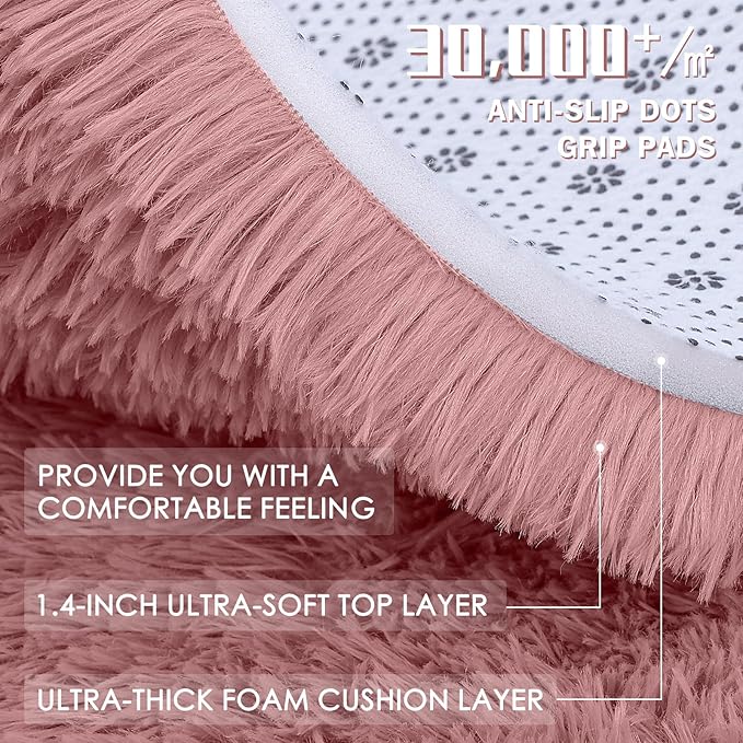 OLANLY Pale Pink Round Rugs for Bedroom - Machine Washable, 6 ft Circle Area Rugs for Living Room, Soft and Fluffy Shaggy Carpet for Teen Girls and Boys, Nursery Rooms, Dorms, Home Decor Aesthetic