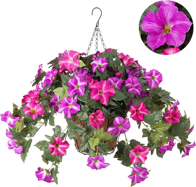 Artificial Hanging Fake Flowers with Basket Plants for Outdoor Decoration, Faux Silk Flower UV Resistant Morning Glory for Home Porch Patio Garden Balcony Yard Look Real (Fuchsia Lotus)