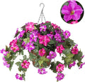 Artificial Hanging Fake Flowers with Basket Plants for Outdoor Decoration, Faux Silk Flower UV Resistant Morning Glory for Home Porch Patio Garden Balcony Yard Look Real (Fuchsia Lotus)