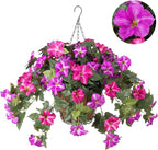 Artificial Hanging Fake Flowers with Basket Plants for Outdoor Decoration, Faux Silk Flower UV Resistant Morning Glory for Home Porch Patio Garden Balcony Yard Look Real (Fuchsia Lotus)