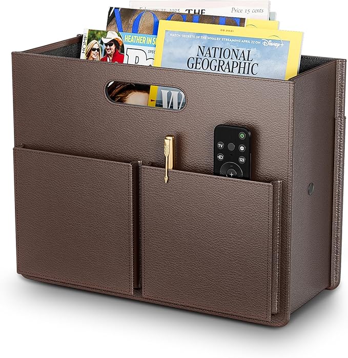 ABC life Magazine Holder Magazine Rack Floor, Stable Foldable PU Leather Newspaper Book Storage Basket Box, Upgraded Magazine File Folder Organizer Free Standing, for Living Room Home Office - Brown