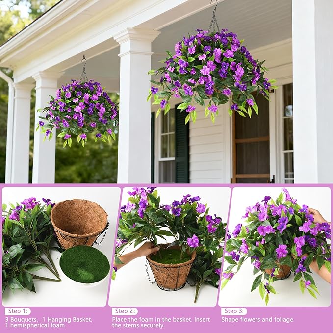 Artificial Fake Hanging Flowers Plants Basket for Outdoors Outside Decoration UV Resistant Faux Silk Flowers Look Real Plastic Flowers for Spring Planters Home Porch Patio Garden Decor(purple)