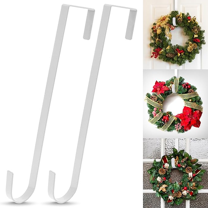 12 in Wreath Hanger for Front Door 2 Pack White Wreath Hangers Over The Door Wreaths Hanger Holder Hook Christmas Wreaths Hook Decoration Christmas Halloween Easter Home Outdoor Narrow