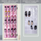 KEEPJOY 28 Pockets Hanging Shoe Organizer, Over the Door Shoe Organizer, Hanging Door Shoe Holder Rack with Mesh Pockets Large Size 65 x 23 Inch (Pink-1Pack)