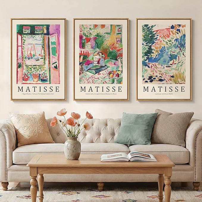 Framed Abstract Matisse Wall Art for Living room, Large 3 Pieces Colorful Landscape Canvas Artwork for Walls, Vintage Matisse Paintings Prints Pictures for Hallway Home Office, Total Size 30x60