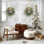 8 PCS Christmas Wreath Christmas Kitchen Cabinet Wreaths with Burlap Ribbon Mini Wreath Pine Garland Frosted Cedar Pine Cone Hanging Garlands Candle Rings for Front Door Window Chair Wall