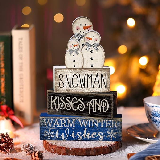 Lineshading 4 Pcs Winter Table Decor Wooden Snowman Decorations Winter Tiered Tray Decor Christmas Centerpieces Rustic Decorative Snowman Block Signs Gift Farmhouse for Kitchen Home Desk