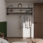 Clothes Rack 70in, Wall Mounted Garment Rack with Real Walnut Wood Shelf, Heavy Duty Hanging Clothes Rack, Multi-Purpose Hanging Rod, Space-Saving Closet Storage