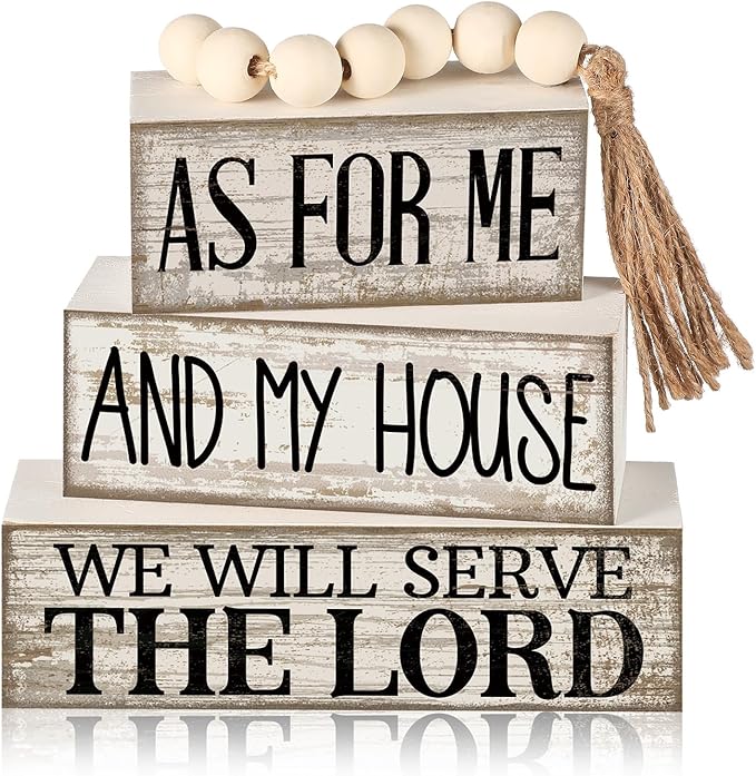 Yuntau 4 Pcs Farmhouse Christian Decor Farmhouse Bible Verse Tiered Tray Decor Rustic Retro Wood Bead Garland As for Me and My House We Will Serve The Lord Block Jesus Sign for Home Shelf Mantel