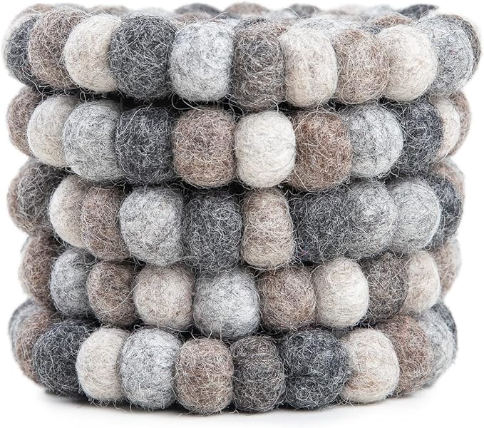 Round Felt Ball Coasters - 100% Merino Wool Table Coasters - Felt Coaster Pads, Absorbent Trivet for Drinks - Heat Resistant, Thick & Durable Hand Felted - Woolygon - Multicolor Set of 5 (Pebbles)