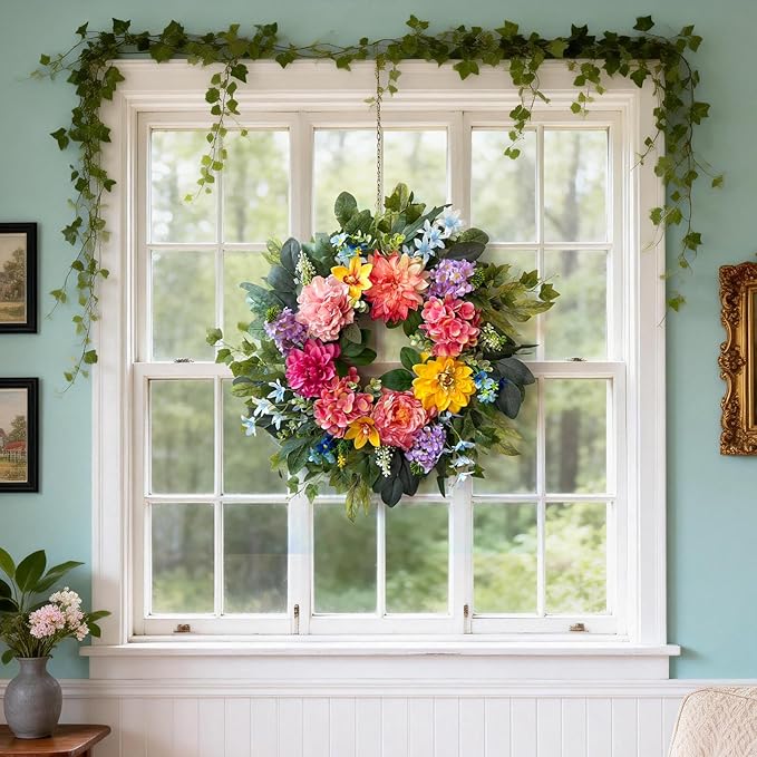 Spring Wreaths for Front Door, 24 Inch Spring Door Wreath with Yellow Dahlia,Pink Hydrangea Dahlia Peony Flower Wreath for All Season Outside Indoor Outdoor Home Porch Wall Decor