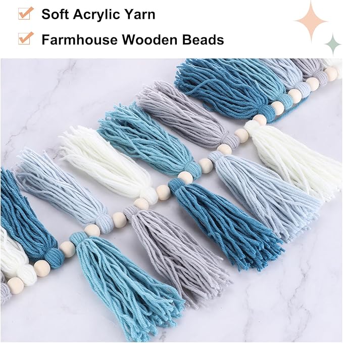 MECCANIXITY Bohemian Yarn Tassel Garland with Wood Beads,3.9Ft Blue Cream Gray Wall Hanging Tassels Banner Western Room Decor for Bedroom Office Nursery Classroom Party Decorations