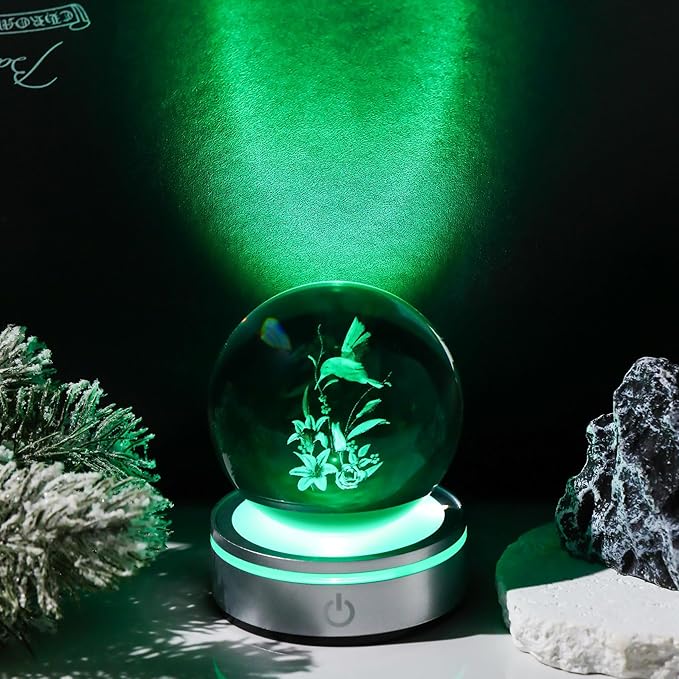 Movdyka 3D Crystal Ball Hummingbird Gifts for Women Men Glass Humming Bird Ornament Figurine Home Decor with Colorful LED Base for Hummingbird Lovers Nature Lovers - 3.15"/8CM
