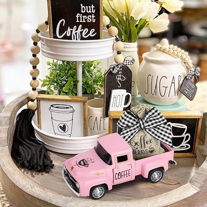 Coffee Decor for Coffee Bar Metal Truck with Coffee Beans Burlap Sack Vintage Pickup Mini Diecast Truck for Farmhouse Coffee Station Home Coffee Bar Tabletop Decorations (Pink)