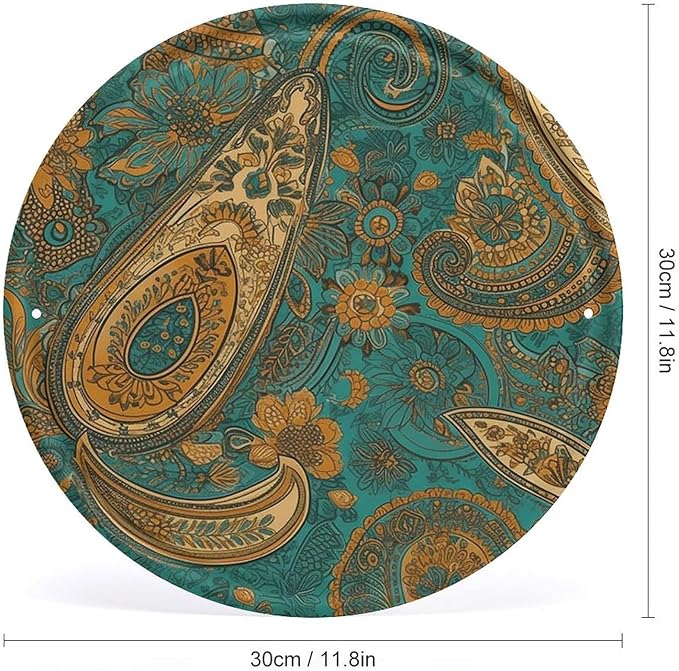 Wall Picture, with Yellow Paisley Pattern Printed Circular Iron Hanging Picture,Wall Art Decor,Home for Bedroom Living Room Bathroom Decor,Iron Painting 11.8X11.8 in