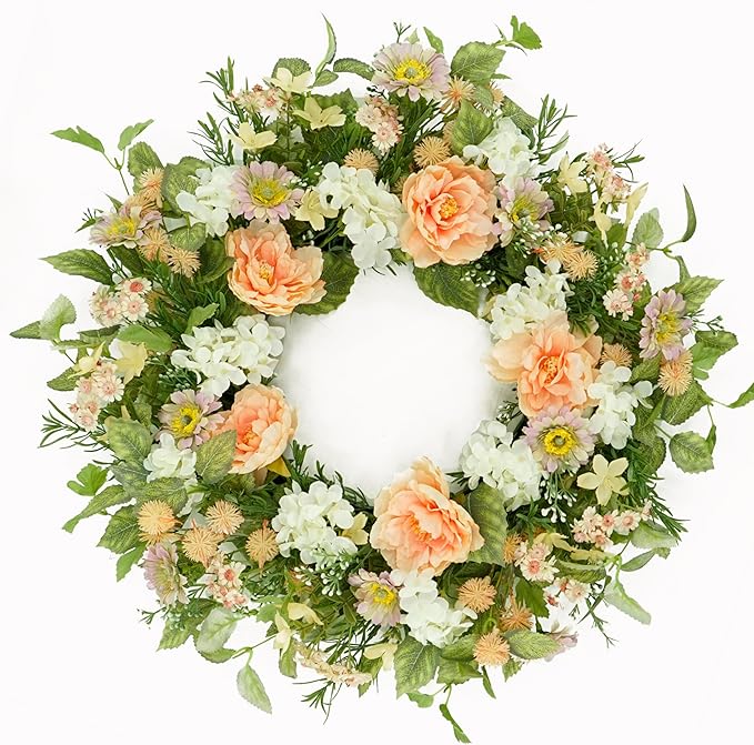 AMF0RESJ Artificial Spring Summer Wreaths for Front Door Daisy Wreath with Daisy,Hydrangea,Peony Flower for Indoor Outdoor Farmhouse Home Porch Wall Window Festival Wedding Decor