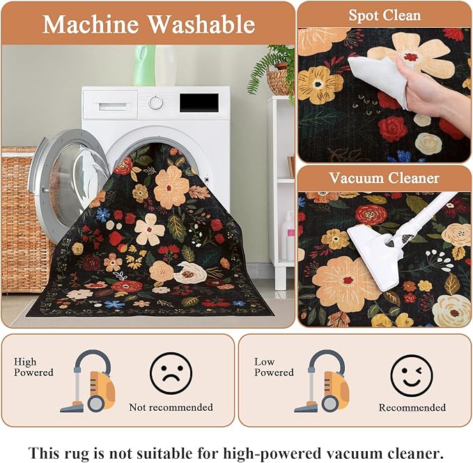 U'Artlines 6x9ft Vintage Floral Area Rug Machine Washable Ultra Soft Low Pile Non Slip Non Shedding Accent Floor Carpet for Living Room, Bedroom, Dining Room, Office (Black Green)