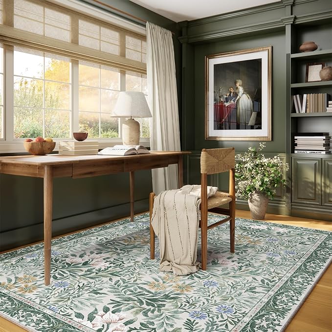 Botanical Floral Area Rug 5x7 Light Green Cream Vintage Garden Design, Perfect for Living Room, Bedroom, Kids Room, Nursery - Stain & Water Resistant Non-Slip, Pet & Child Friendly Area Rugs