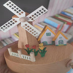 Natural Solid Wood Handcrafted Beech Wooden, Musical FigureTotoro/Carousel/Fairy/Ballerina Figurine,Rotating Hand Crank Mechanism Music Box,Musical Decorations (White Windmill)