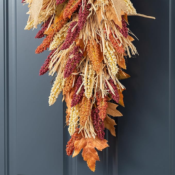 Glitzhome 2 Pcs 28'' Artificial Fall Teardrop Swags, Autumn Harvest Multi-Colored Sorghum Door Swag, Hanging Flower Wreath for Thanksgiving Fall Front Door Window Wall Decor