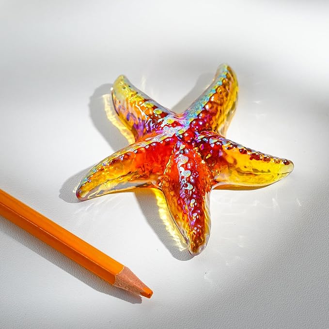 H&D HYALINE & DORA Amber Blown Glass Starfish Figurine Miniature Ocean Animals Collectible Figurine Tiny Glass Starfish for Tables, Desks Home Decor