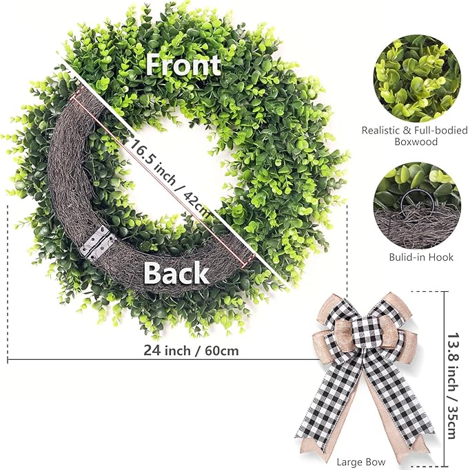 Set of 2, 24-26'' Large Boxwood Wreath for Front Door, Porch, Window - Foldable Greenery Boxwood Wreaths for Farmhouse Wedding Decor - Spring, Summer, Fall, All Seasons (with Bow)
